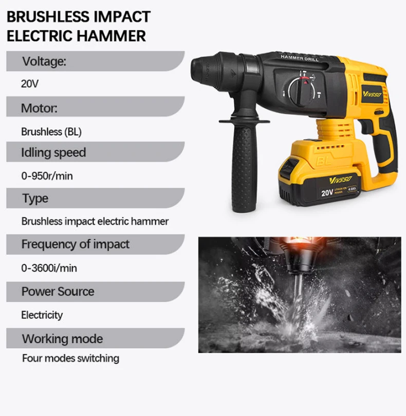 VIVSSO الكهربائية فرش مطرقة دو - مراجعة Cordless Rotary Hammer 20V Brushless وسعره